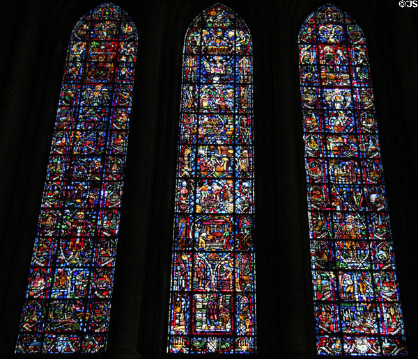 Stained glass (1954) created by Jacques Simon, master glassmaker, in tradition of Middle Ages at Reims Cathedral. Reims, France.