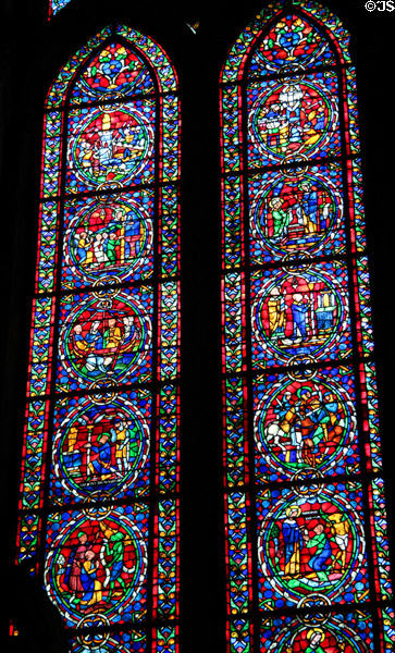 Stained glass (1859) created in style of 13thC, in Saint Thérèse Chapel at Reims Cathedral. Reims, France.