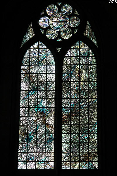 Living water (1961) stained glass window by Brigitte Simon at baptismal font of Reims Cathedral. Reims, France.