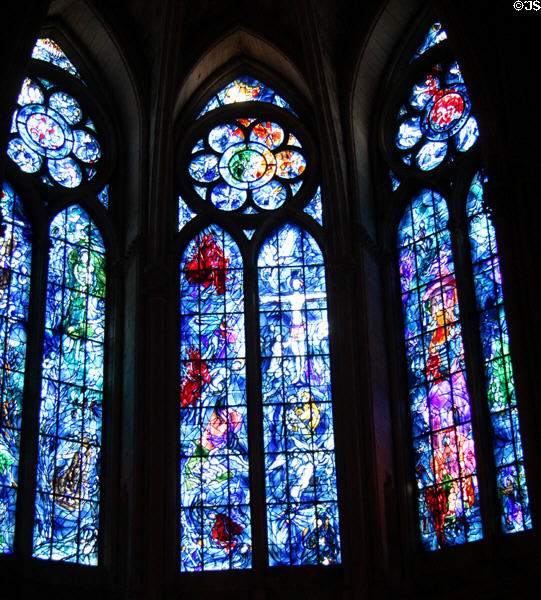 Stained glass (1974) of Abraham's life & line of decent to Christ by Marc Chagall in Reims Cathedral. Reims, France.