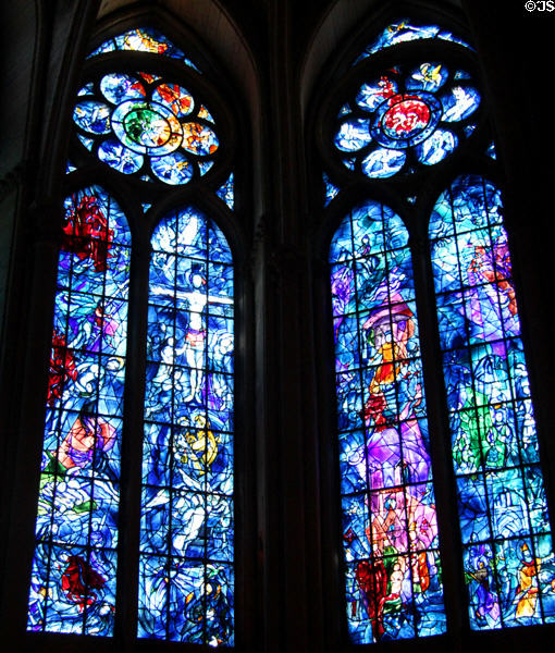 Stained glass (1974) of Abraham's life & line of decent to Christ by Marc Chagall in Reims Cathedral. Reims, France.