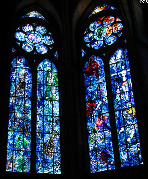 Stained glass images (1974) of Virgin & Crucifixion above Old Testament stories by Marc Chagall in Reims Cathedral. Reims, France.
