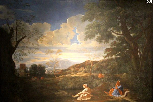 Landscape with Young Woman Washing her Feet painting (1650) after Nicolas Poussin at Museum of Fine Arts. Reims, France.
