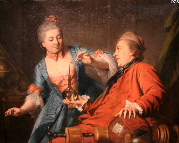 Nicolas Bergeat & Mme de Maisoncel Carrying Out a Science Experiment painting (c1780) by unknown artist of Reims at Museum of Fine Arts. Reims, France.