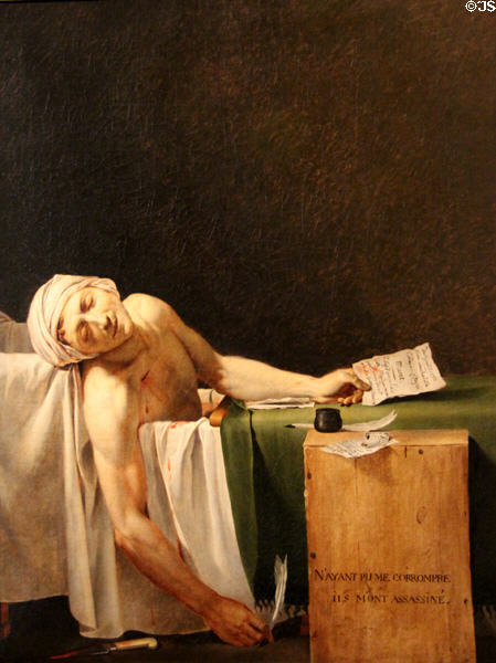 The Death of Marat painting (after 1793) by studio of Jacques-Louis David at Museum of Fine Arts. Reims, France.