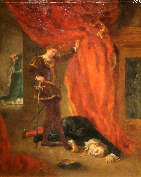 Hamlet in front of Polonius' Body (c1856) painting by Eugène Delacroix at Museum of Fine Arts. Reims, France.