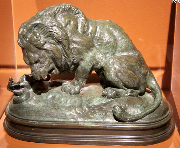 Lion Crushing a Snake bronze sculpture (19thC) by Antoine Barye at Museum of Fine Arts. Reims, France.