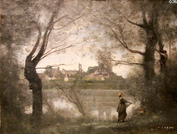 Mantes, Evening painting (19thC) by Jean-Baptiste Camille Corot at Museum of Fine Arts. Reims, France.