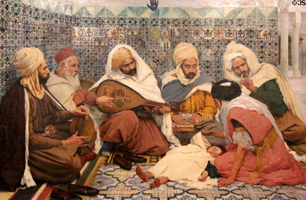 Exorcism: Arab Musicians Chasing Djinns from Body of a Child painting (1884) by Andé Brouillet at Museum of Fine Arts. Reims, France.