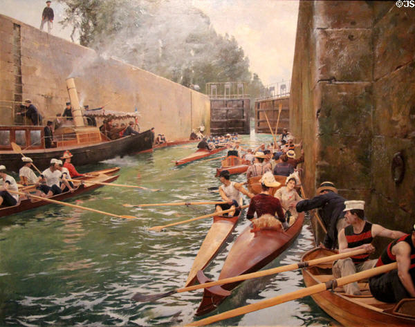 Boats on a Canal Lock painting (1888) by Ferdinand Gueldry at Museum of Fine Arts. Reims, France.