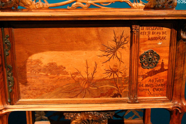 Detail of Art Nouveau panel on shelf with herbaceous plants marquetry (1900-2) by Émile Gallé at Museum of Fine Arts. Reims, France.