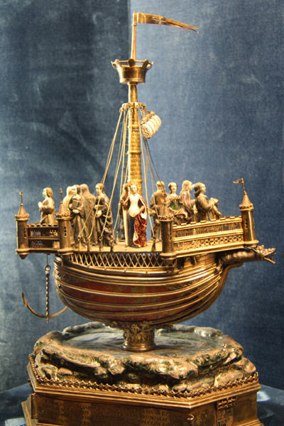Gold & silver ship reliquary of St Ursula (c1500) by Pierre Rousseau & Henri Duzen or Raymond Guyonnet in Tau Palace Museum. Reims, France.