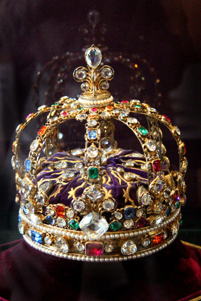 Copy (19thC) of crown of Louis XV designed by Claude Rondé & made by Augustin Duflos (now at Louvre) in Tau Palace Museum. Reims, France.