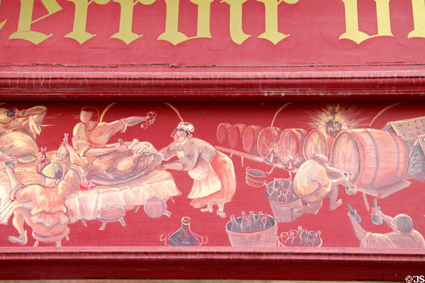 Artwork on shop featuring specialty foods of Champagne-Ardenne area. Reims, France.