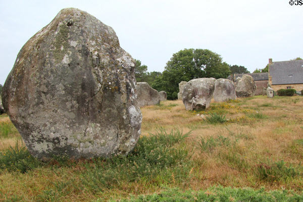 Megalith with farm house in background. Carnac, France.