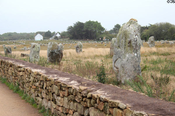 Stone wall surrounding menhirs site. Carnac, France.