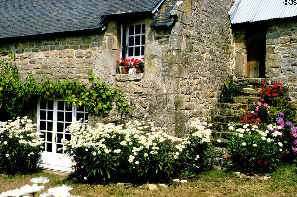 Flower display in front of Brittany stone dwelling with slate roof. Carnac, France.