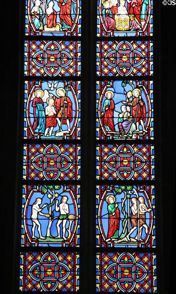 Stained glass of scenes of Christ & Garden of Eden at Cathedrale Saint Pierre (1450). Vannes, France.
