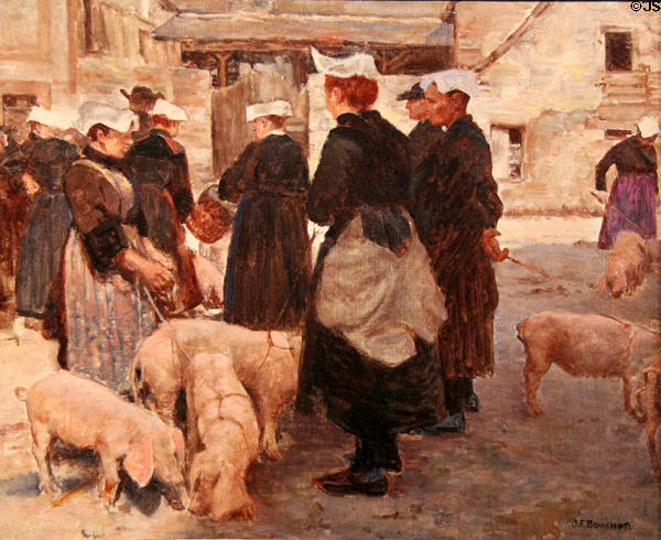 Pig market at Auray, Brittany in native dress painting by Joseph-Félix Bouchor at Vannes Museum of Beaux Arts. Vannes, France.