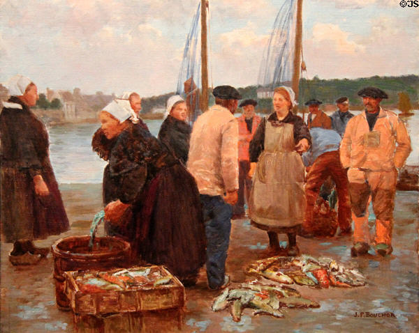 Fish auction at Audierne, Brittany in traditional dress painting by Joseph-Félix Bouchor at Vannes Museum of Beaux Arts. Vannes, France.