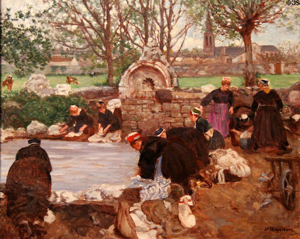Laundry at fountain at Moëlan in Breton traditional dress painting (c1930) by Joseph-Félix Bouchor at Vannes Museum of Beaux Arts. Vannes, France.