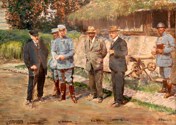 Scene at WWI HQ of General Fayolle with H.G. Wells, Henry Bidou, war artist J.F. Bouchor & J. Reinach painting (Aug. 31, 1916) by Joseph-Félix Bouchor at Vannes Museum of Beaux Arts. Vannes, France.
