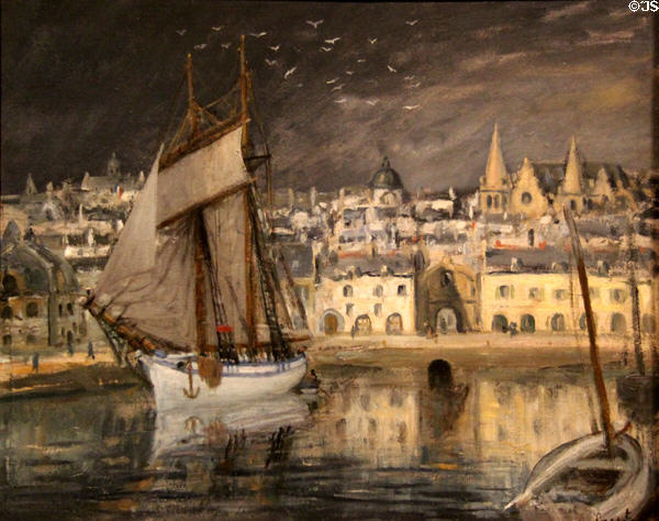 Port of Vannes with white ship painting (1925) by Jean Frelaut at Vannes Museum of Beaux Arts. Vannes, France.