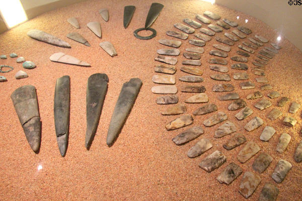 Paleolithic grave pendules & collar from tumulus of Mané-er-Hroek at Archeology Museum of Morbihan. Vannes, France.