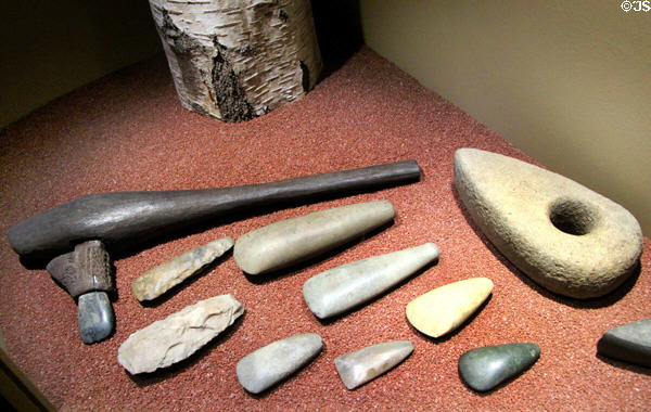 Neolithic polished stones from local region at Archeology Museum of Morbihan. Vannes, France.