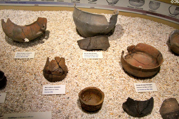 Neolithic pottery from local region (c6,000-2,000 years ago) at Archeology Museum of Morbihan. Vannes, France.