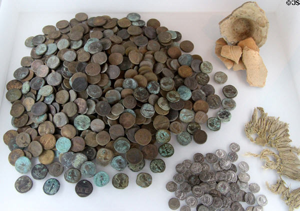 Cache of coins (late 3rdC) from Vannes, Morbihan at Archeology Museum of Morbihan. Vannes, France.