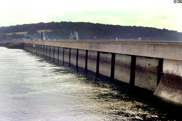 Barrage de la Rance (1966) 700 meter long tidal power dam located on estuary of Rance River France.