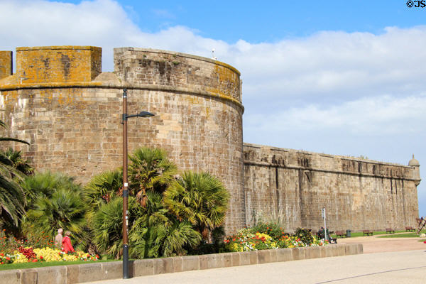 Round fortification with crenellations on Château. St Malo, France.