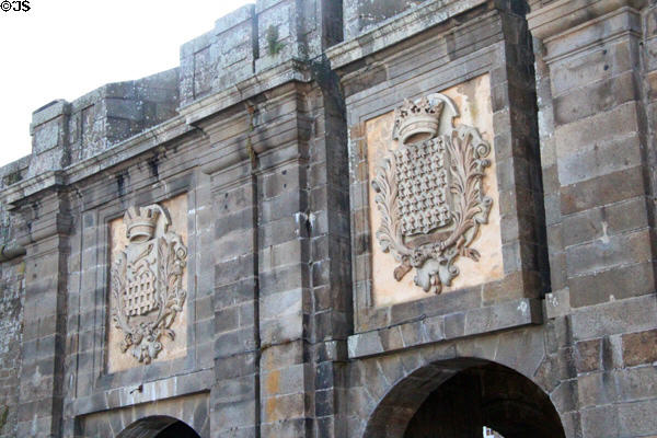 Royal crests above Porte Saint-Vincent entrance to old city. St Malo, France.