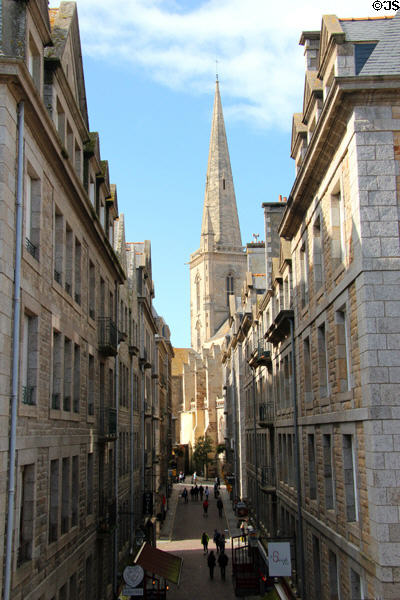 Cathedral above Grand Rue seen from ramparts. St Malo, France.