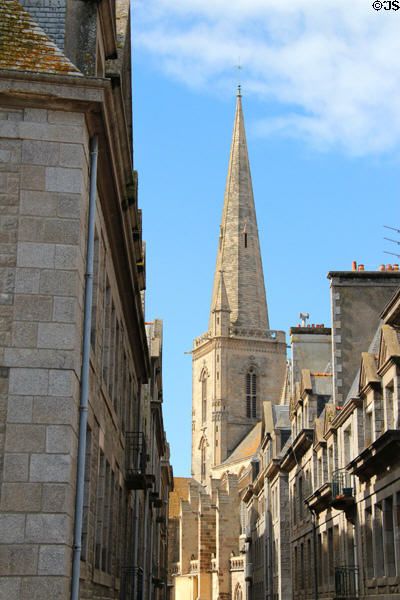 Cathedral above Grand Rue seen from ramparts. St Malo, France.