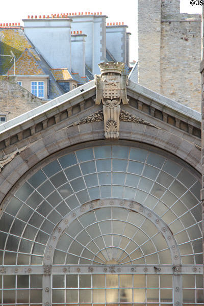 Royal seal ermine, symbol of Brittany, atop Hall au Blé. St Malo, France.