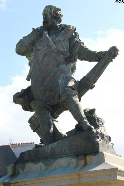 Statue of Jacques Cartier at tiller of his ship, La Grande Hermine. St Malo, France.