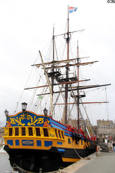 Étoile du Roy (formerly Grand Turc) a three masted frigate corsair, built in mid-1990's to resemble a mid-18thC ship & used in Horatio Hornblower TV series. St Malo, France.