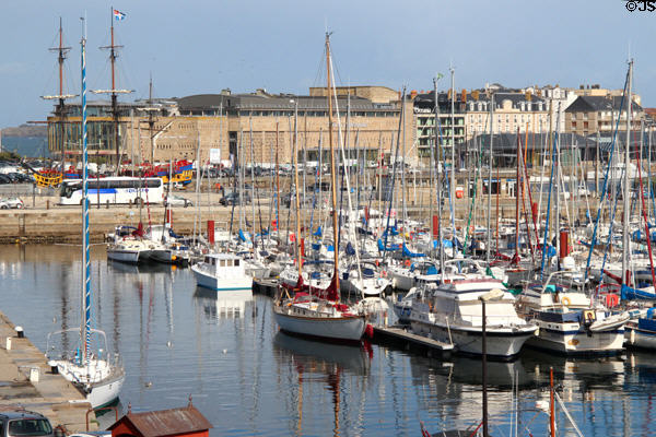 Pleasure boats in St Malo harbor with Casino beyond. St Malo, France.