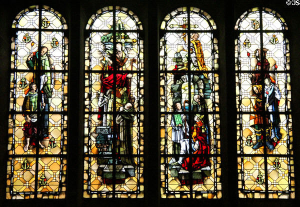 Stained glass windows (1970) by Jean Gouremelin & Michel Durand which depict saints of Brittany in St Vincent Cathedral. St Malo, France.