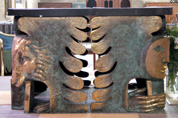 Symbols for Evangelists Mark (lion) & Matthew (angel) on high altar inside St. Vincent Cathedral. St Malo, France.