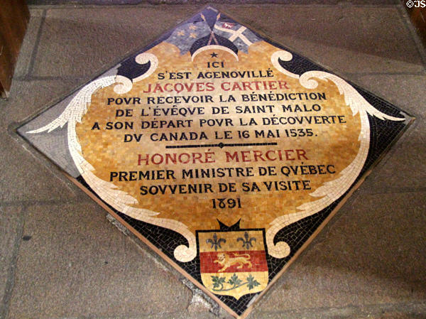 Plaque marking spot in St Malo Cathedral where Jacques Cartier knelt to receive Bishop's blessing prior to his 1535 voyage of discovery (Canada). St Malo, France.