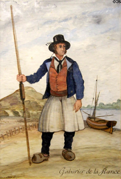 Painting of Gabarier de la Rance who were Breton boatmen who transported firewood by River at St Malo Museum. St Malo, France.