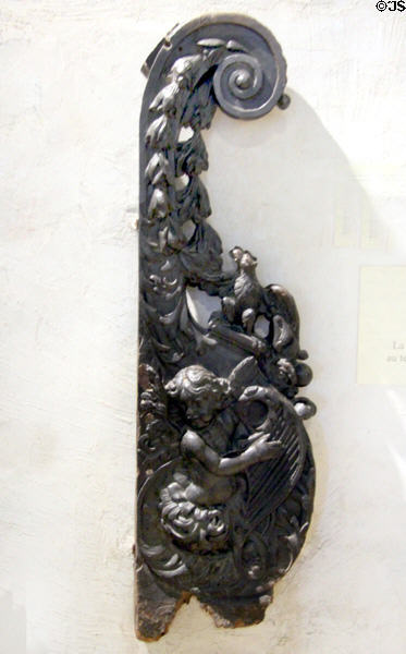 Stairway newel post carving (1690-1710) from a demolished local mansion at St Malo Museum. St Malo, France.