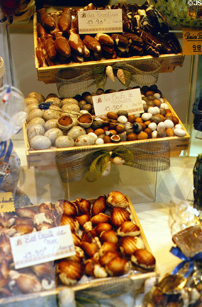 Chocolates in shape of gulls eggs & sea shells. St Malo, France.