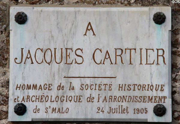 Commemorative plaque to Jacques Cartier (1905) at Jacques Cartier Manor House Museum. St Malo, France.