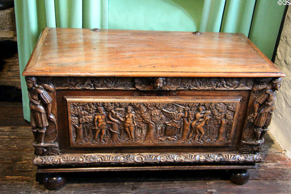 Carved walnut chest depicting Adam & Eve being expelled from Garden of Eden at Jacques Cartier Manor House Museum. St Malo, France.