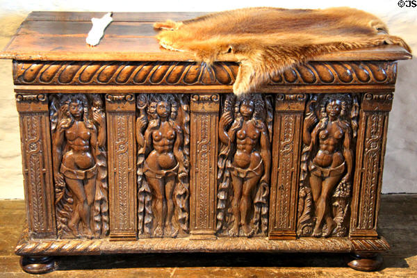 Italian Renaissance chest with carvings representing Four Seasons at Jacques Cartier Manor House Museum. St Malo, France.