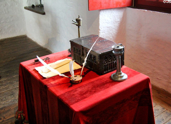 Writing instruments for keeping ship's log & type of small chest in which log was often placed at Jacques Cartier Manor House Museum. St Malo, France.